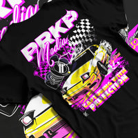 Black T-shirt laid flat with natural fabric folds, featuring Nissan Skyline R34 gt r r34 skyline racing drift jdm japanese graphic.