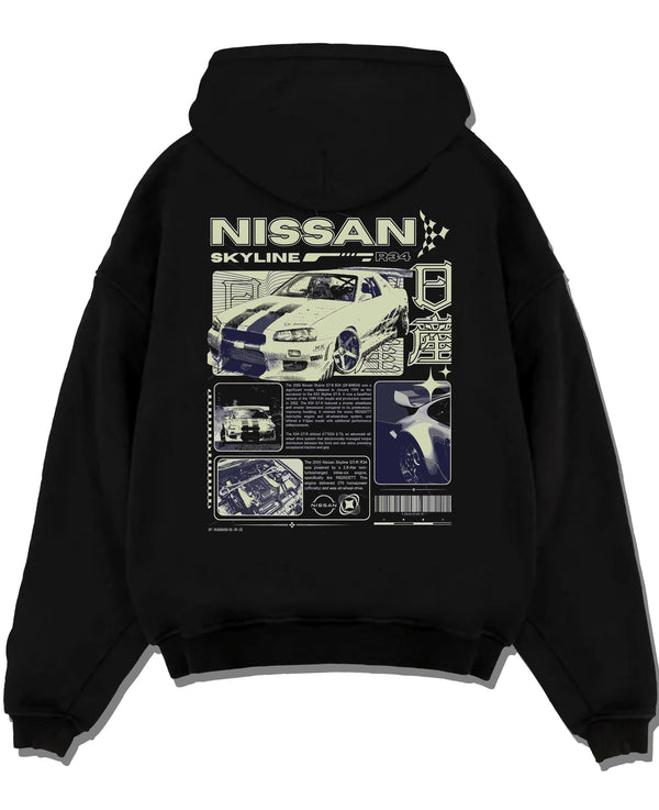 Black pullover hoodie laid flat on a white background, featuring Nissan Skyline R34 r34 skyline race drift jdm japanese graphic.