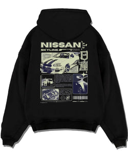 Black pullover hoodie laid flat on a white background, featuring Nissan Skyline R34 r34 skyline race drift jdm japanese graphic.