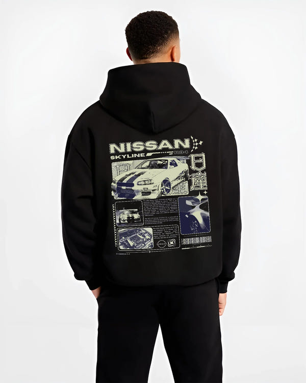 Black hoodie worn by a male model, back view, featuring Nissan Skyline R34 r34 skyline race drift jdm japanese street retro graphic.