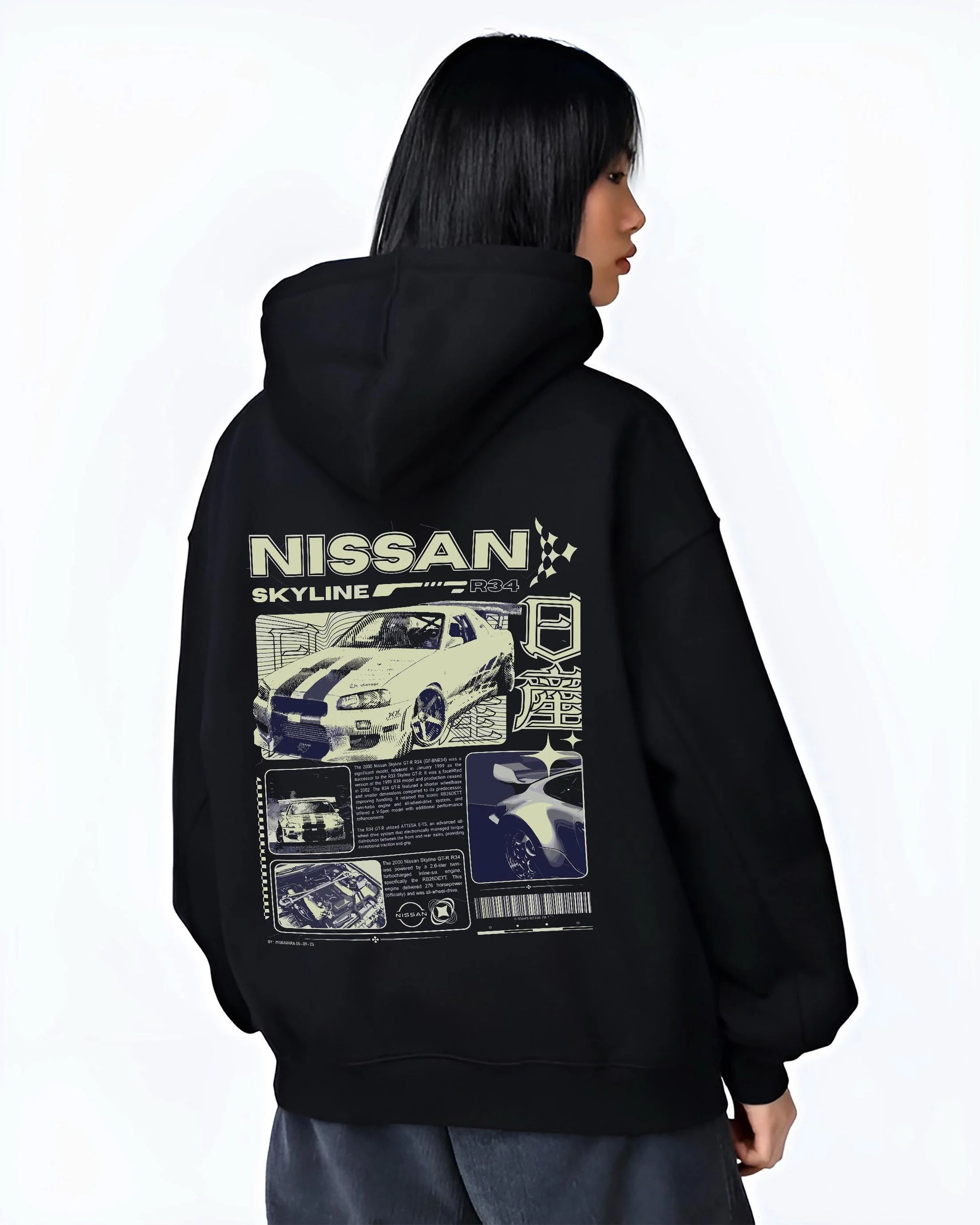 Black hoodie worn by a female model, back view, featuring Nissan Skyline R34 r34 skyline race drift jdm japanese street graphic.