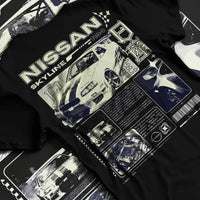 Black T-shirt laid flat with natural fabric folds, featuring Nissan Skyline R34 r34 skyline race drift jdm japanese street graphic.