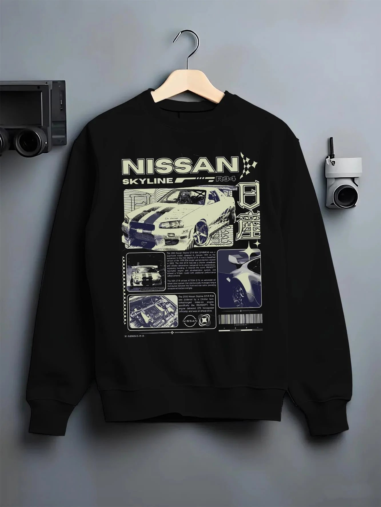 Black crewneck sweatshirt on a hanger against a grey wall, featuring Nissan Skyline R34 r34 skyline race drift jdm japanese graphic.