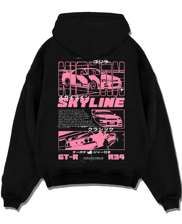 Black pullover hoodie laid flat on a white background, featuring Nissan SKYLINE r34 turbo racing drift jdm japanese street graphic.