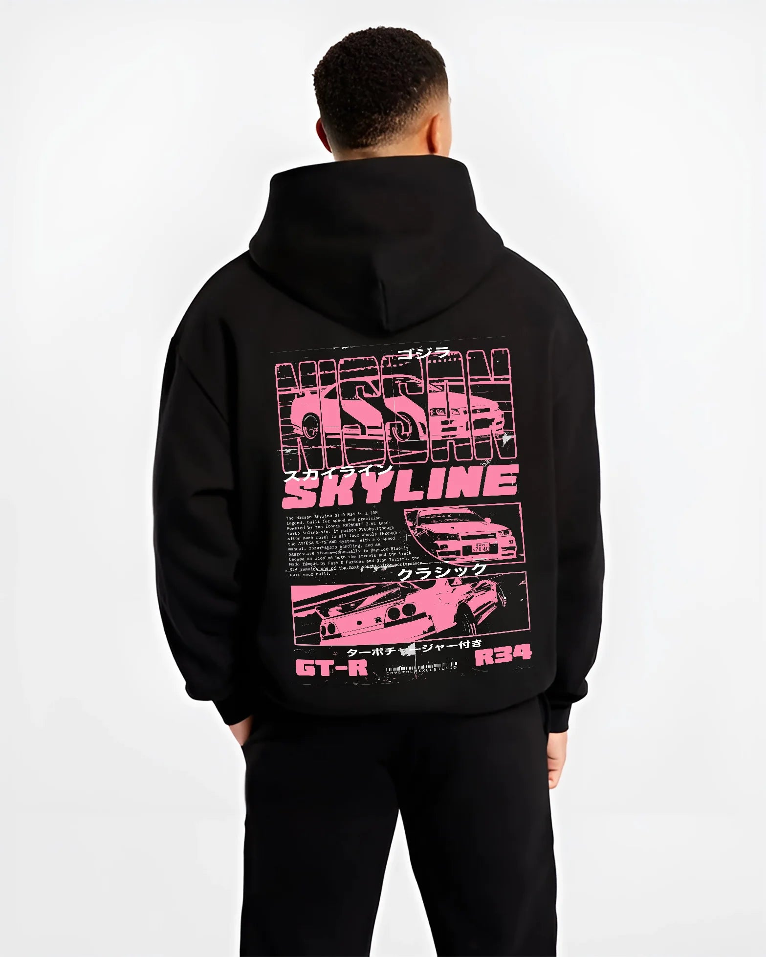 Black hoodie worn by a male model, back view, featuring Nissan SKYLINE r34 turbo racing drift jdm japanese street retro graphic.