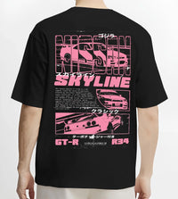 Black T-shirt worn by a male model, back view, featuring Nissan SKYLINE r34 turbo racing drift jdm japanese street retro graphic.