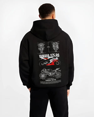 Black hoodie worn by a male model, back view, featuring Yamaha R6 racing street enthusiast performance motorsport graphic.