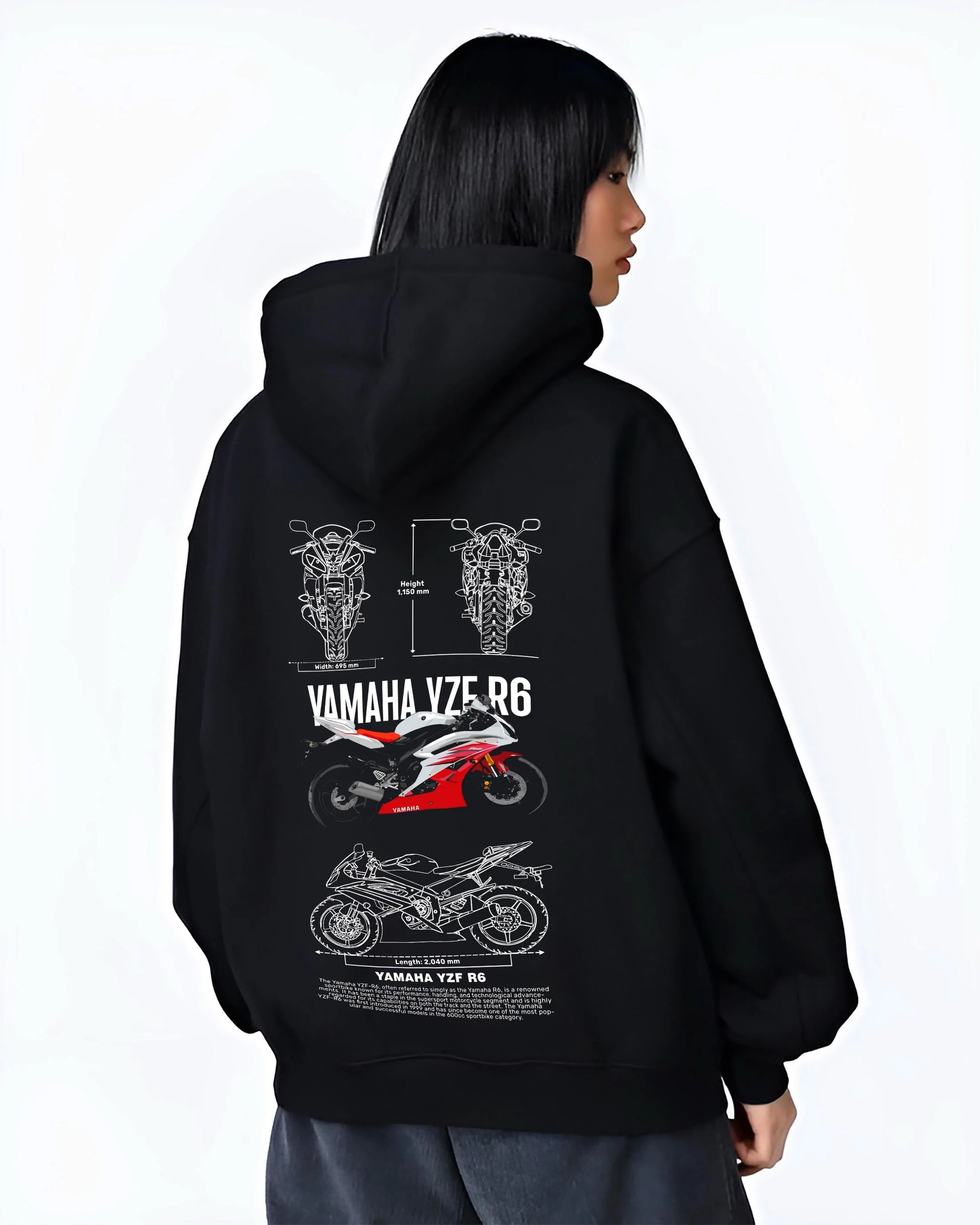 Black hoodie worn by a female model, back view, featuring Yamaha R6 racing street enthusiast performance motorsport graphic.