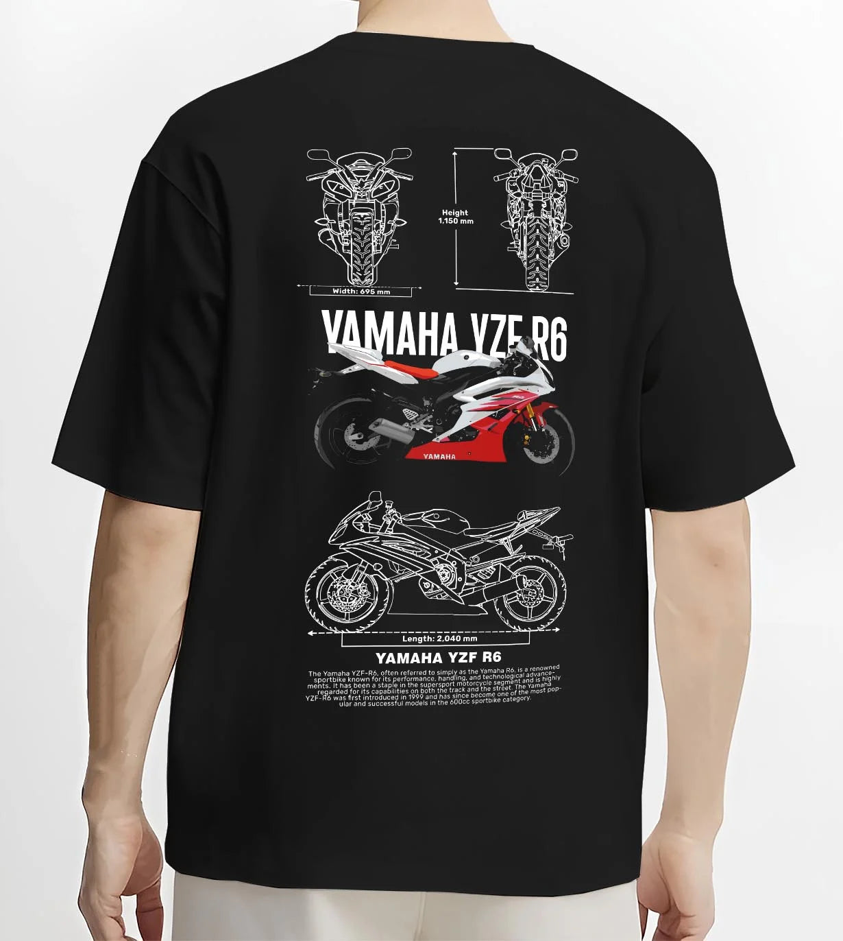 Black T-shirt worn by a male model, back view, featuring Yamaha R6 racing street enthusiast performance motorsport graphic.