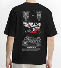Black T-shirt worn by a male model, back view, featuring Yamaha R6 racing street enthusiast performance motorsport graphic.