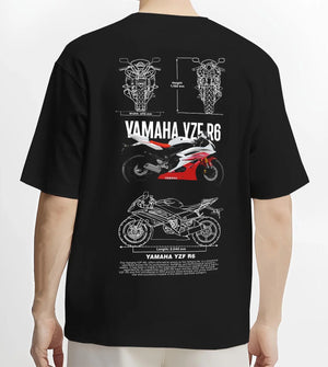 Black T-shirt worn by a male model, back view, featuring Yamaha R6 racing street enthusiast performance motorsport graphic.