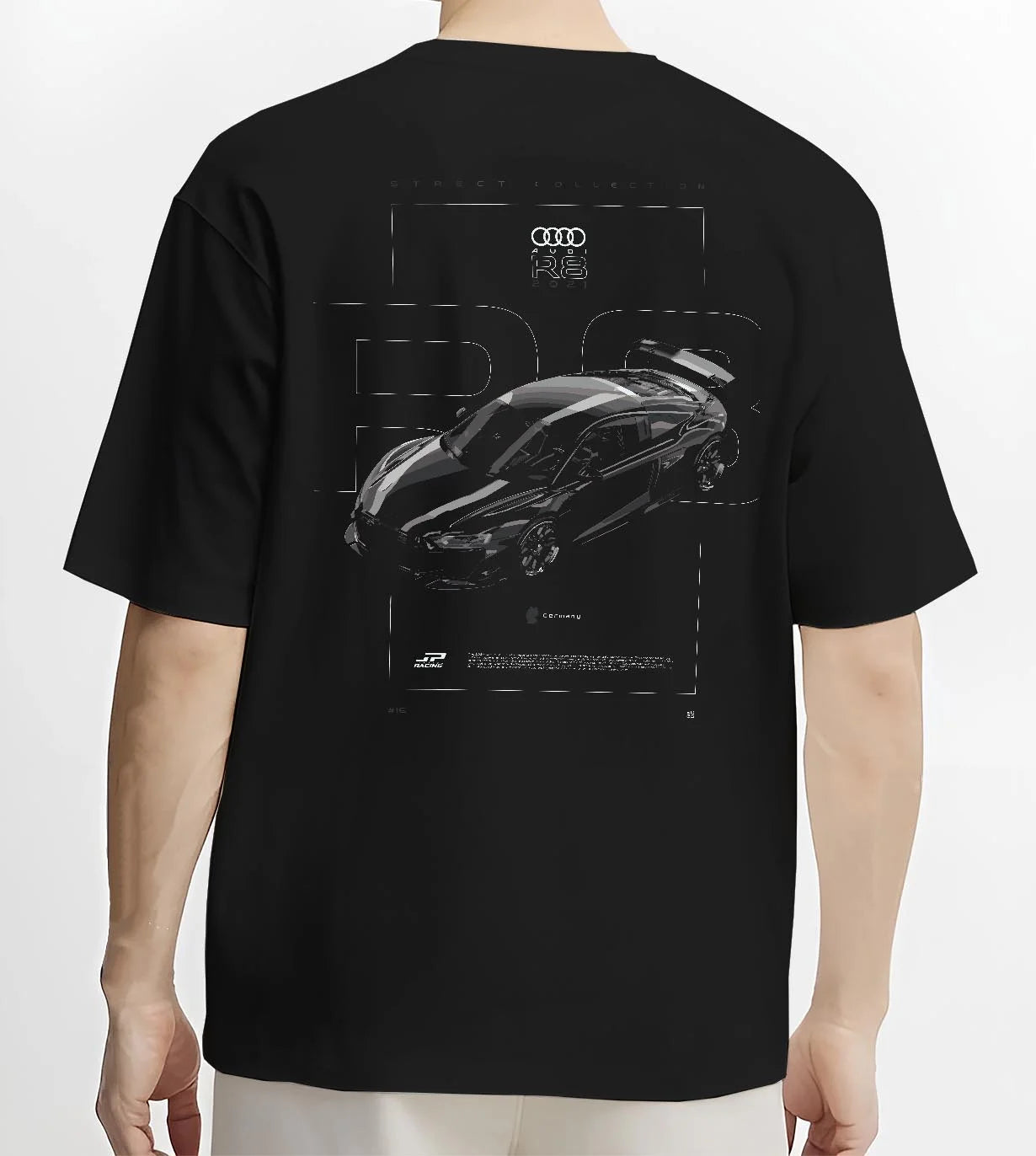 Black T-shirt worn by a male model, back view, featuring Audi R8 turbo racing german street performance motorsport graphic.