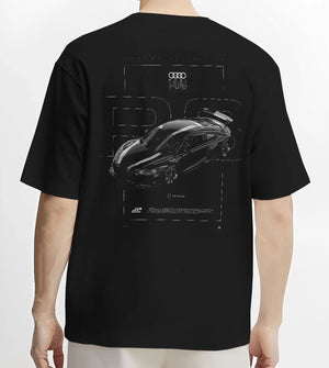 Black T-shirt worn by a male model, back view, featuring Audi R8 turbo racing german street performance motorsport graphic.