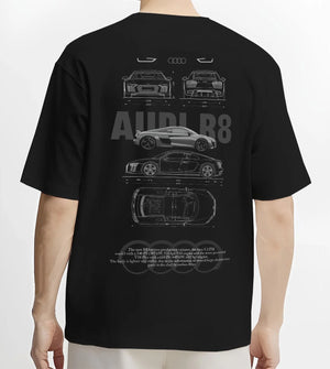 Black T-shirt worn by a male model, back view, featuring Audi R8 v10 racing german street performance motorsport graphic.