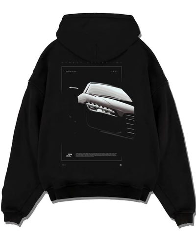 Black pullover hoodie laid flat on a white background, featuring Audi R8 turbo v10 racing german street performance graphic.