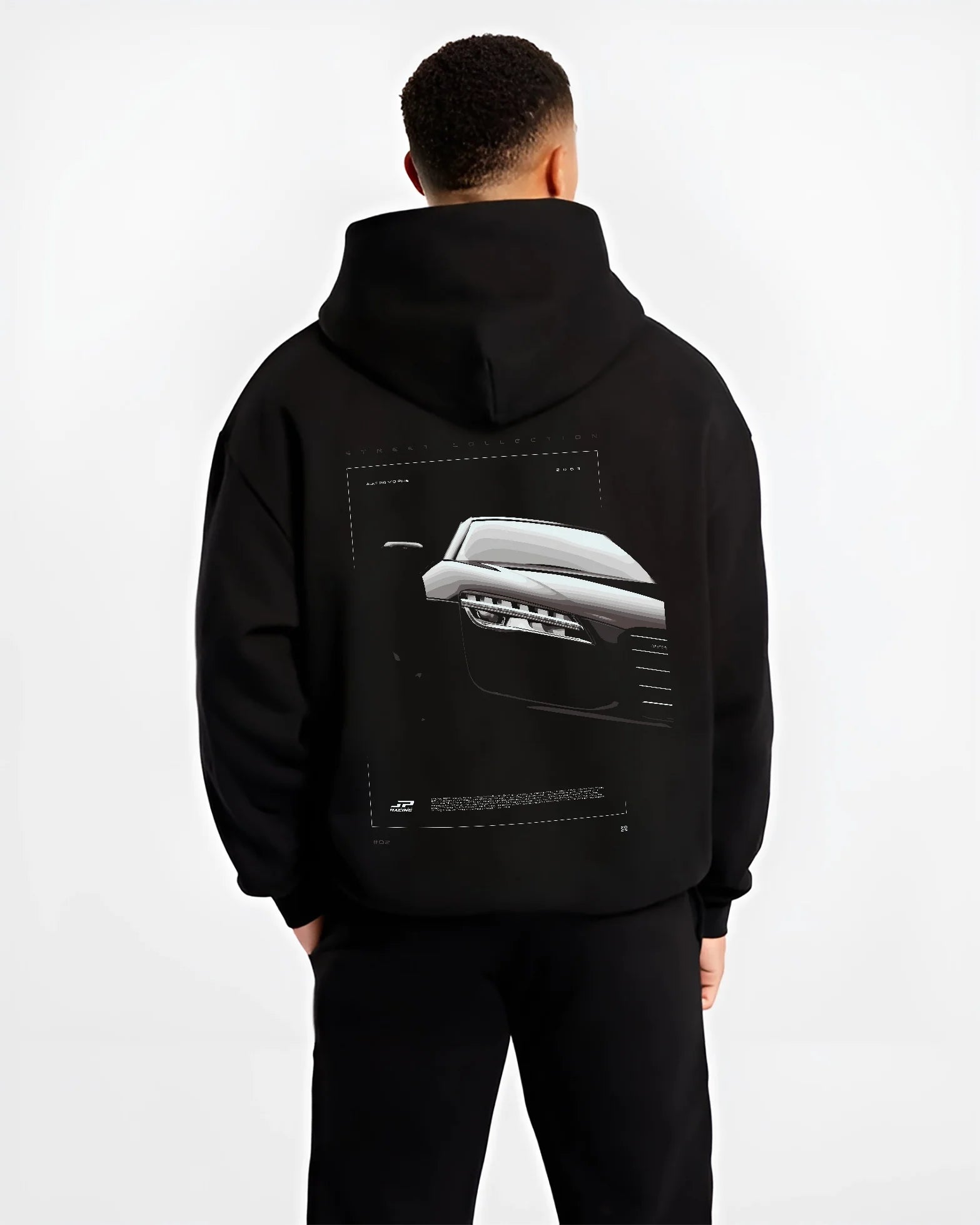 Black hoodie worn by a male model, back view, featuring Audi R8 turbo v10 racing german street performance graphic.