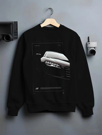 Black crewneck sweatshirt on a hanger against a grey wall, featuring Audi R8 turbo v10 racing german street performance graphic.