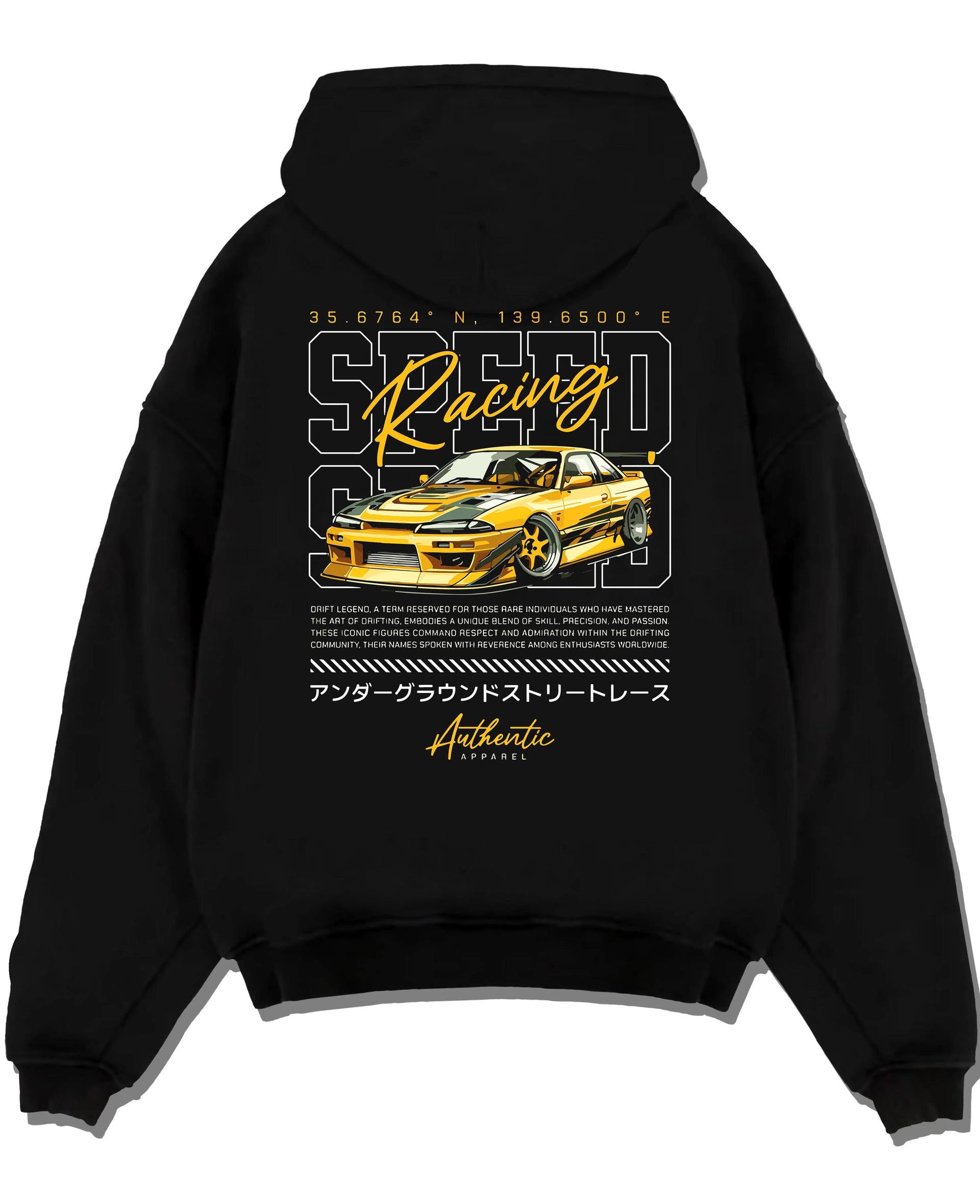 Black pullover hoodie laid flat on a white background, featuring SKYLINE racing drift japanese street legend speed graphic.