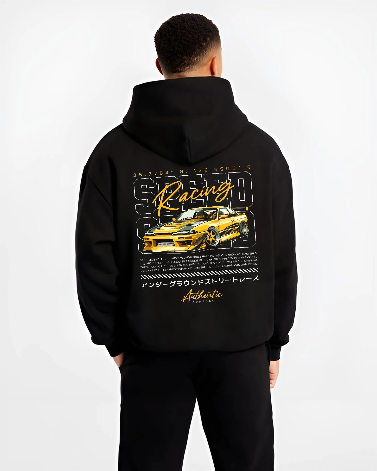 Black hoodie worn by a male model, back view, featuring SKYLINE racing drift japanese street legend speed enthusiast graphic.