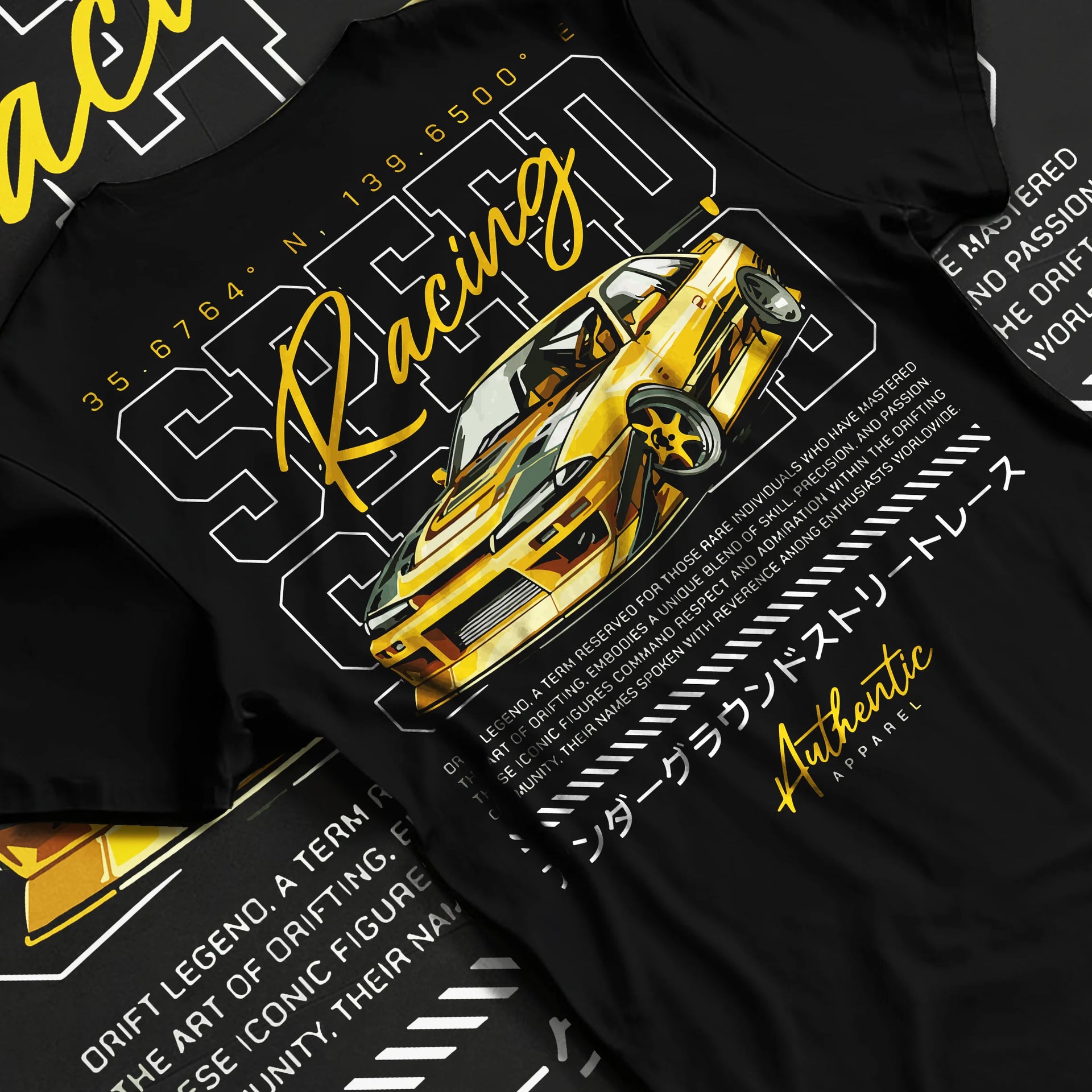 Black T-shirt laid flat with natural fabric folds, featuring SKYLINE racing drift japanese street legend speed enthusiast graphic.