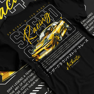 Black T-shirt laid flat with natural fabric folds, featuring SKYLINE racing drift japanese street legend speed enthusiast graphic.