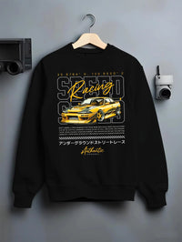 Black crewneck sweatshirt on a hanger against a grey wall, featuring SKYLINE racing drift japanese street legend speed graphic.