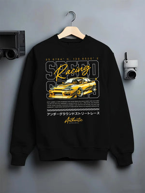 Black crewneck sweatshirt on a hanger against a grey wall, featuring SKYLINE racing drift japanese street legend speed graphic.