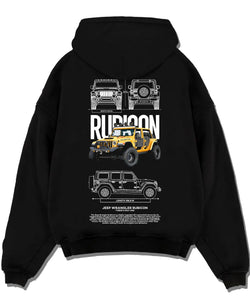 Black pullover hoodie laid flat on a white background, featuring rs turbo racing drift rally motorsport tuner street graphic.