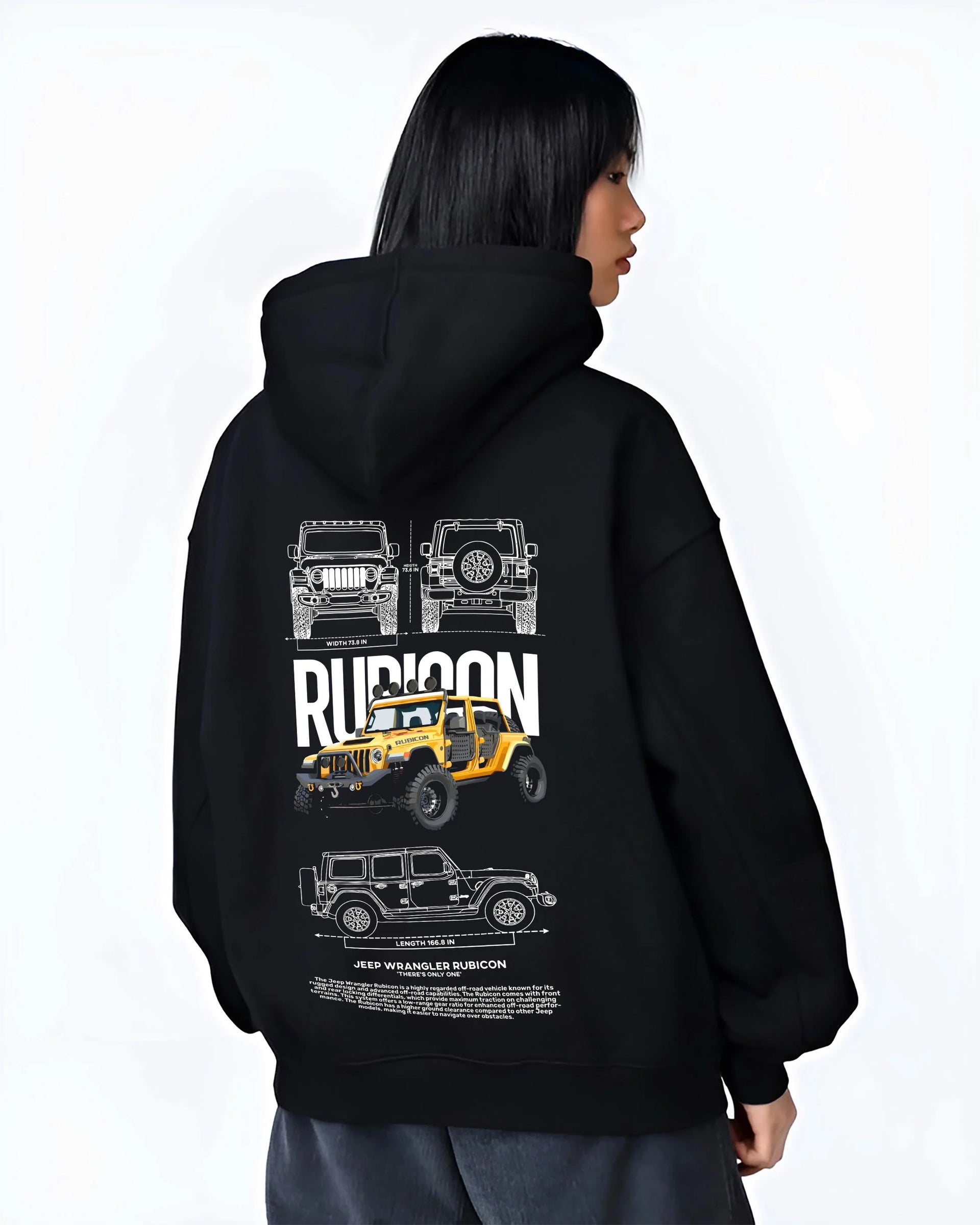 Black hoodie worn by a female model, back view, featuring rs turbo racing drift rally motorsport tuner street classic graphic.