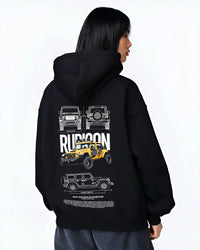 Black hoodie worn by a female model, back view, featuring rs turbo racing drift rally motorsport tuner street classic graphic.
