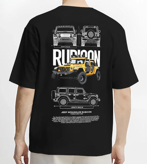 Black T-shirt worn by a male model, back view, featuring rs turbo racing drift rally motorsport tuner street classic legend graphic.