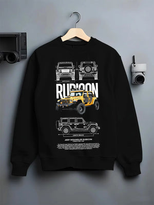 Black crewneck sweatshirt on a hanger against a grey wall, featuring rs turbo racing drift rally motorsport tuner street graphic.
