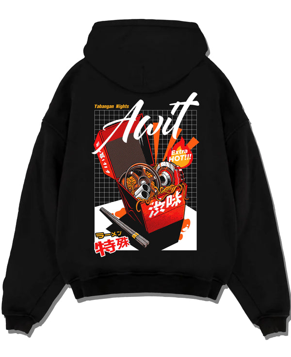 Black pullover hoodie laid flat on a white background, featuring turbo jdm japanese street racing performance motorsport graphic.