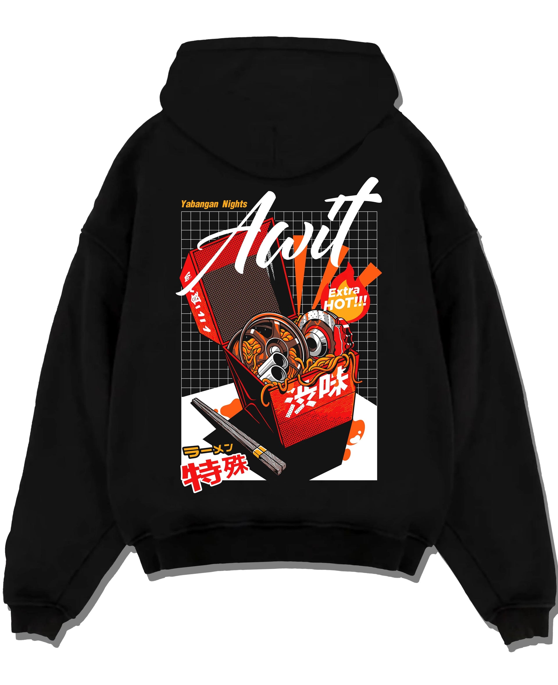 Black pullover hoodie laid flat on a white background, featuring turbo jdm japanese street racing performance motorsport graphic.