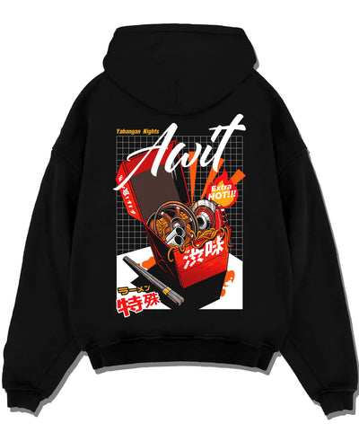 Black pullover hoodie laid flat on a white background, featuring turbo jdm japanese street racing performance motorsport graphic.