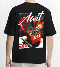 Black T-shirt worn by a male model, back view, featuring turbo jdm japanese street racing performance motorsport automotive graphic.