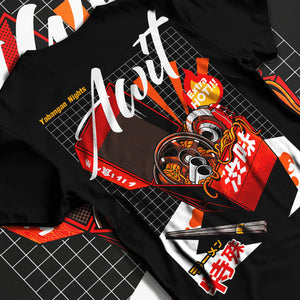 Black T-shirt laid flat with natural fabric folds, featuring turbo jdm japanese street racing performance motorsport graphic.