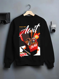Black crewneck sweatshirt on a hanger against a grey wall, featuring turbo jdm japanese street racing performance graphic.