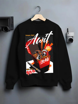 Black crewneck sweatshirt on a hanger against a grey wall, featuring turbo jdm japanese street racing performance graphic.