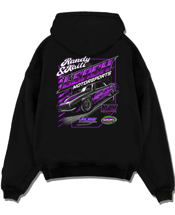 Black pullover hoodie laid flat on a white background, featuring STI street racing performance motorsport automotive randy.