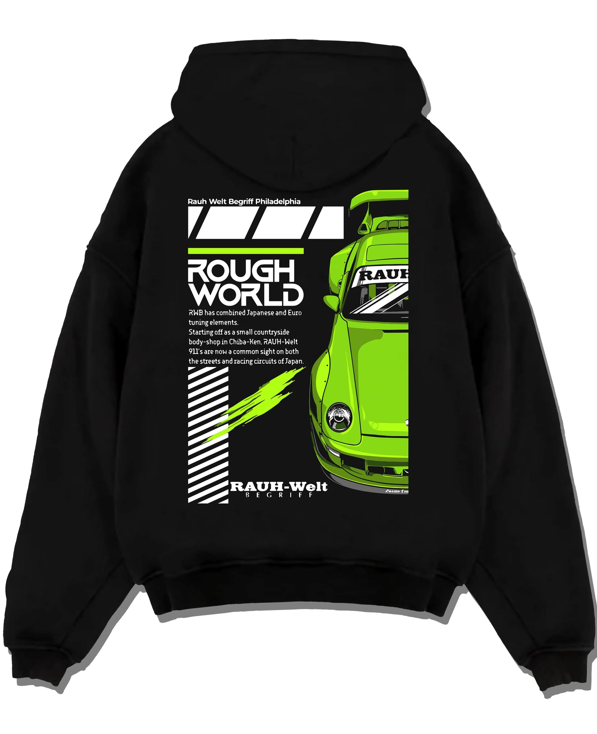 Black pullover hoodie laid flat on a white background, featuring Porsche rs japanese euro tuning stance rwb street graphic.