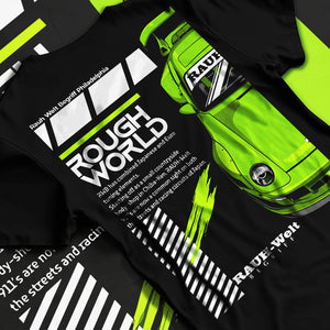 Black T-shirt laid flat with natural fabric folds, featuring Porsche rs japanese euro tuning stance rwb street graphic.