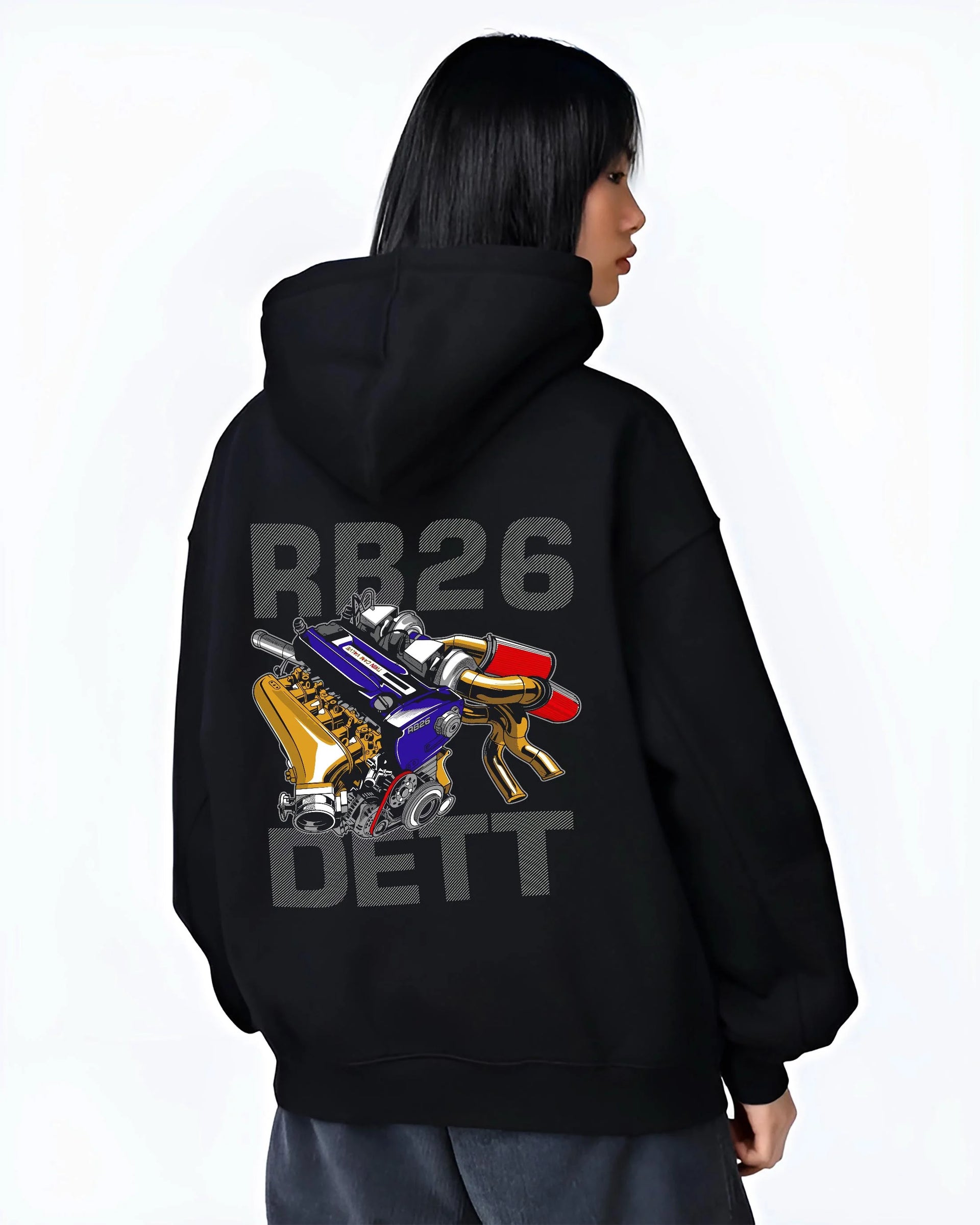 Black hoodie worn by a female model, back view, featuring Nissan SKYLINE turbo rb26 racing drift jdm japanese tuner street graphic.