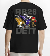 Black T-shirt worn by a male model, back view, featuring Nissan SKYLINE turbo rb26 racing drift jdm japanese tuner street graphic.