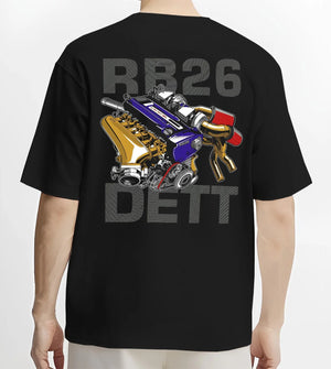 Black T-shirt worn by a male model, back view, featuring Nissan SKYLINE turbo rb26 racing drift jdm japanese tuner street graphic.