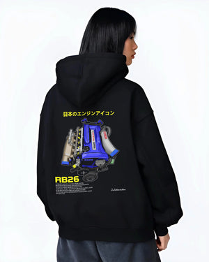 Black hoodie worn by a female model, back view, featuring SKYLINE turbo rb26 racing jdm japanese tuner legend power graphic.