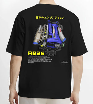 Black T-shirt worn by a male model, back view, featuring SKYLINE turbo rb26 racing jdm japanese tuner legend power graphic.
