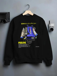 Black crewneck sweatshirt on a hanger against a grey wall, featuring SKYLINE turbo rb26 racing jdm japanese tuner legend graphic.