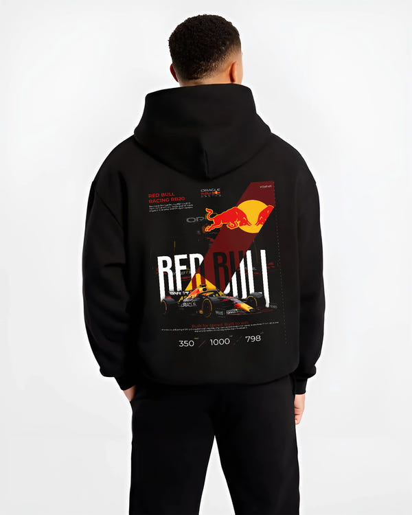 Black hoodie worn by a male model, back view, featuring rs racing drift formula motorsport street speed performance graphic.