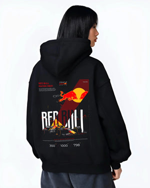 Black hoodie worn by a female model, back view, featuring rs racing drift formula motorsport street speed performance graphic.